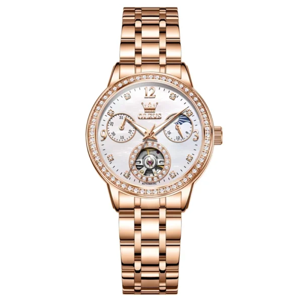 OLEVS 6750 Reloj Bands Stainless Steel Luxury Automatic Moon Phase Lady Watch Mechanical Watch for Woman ROSE WHITE