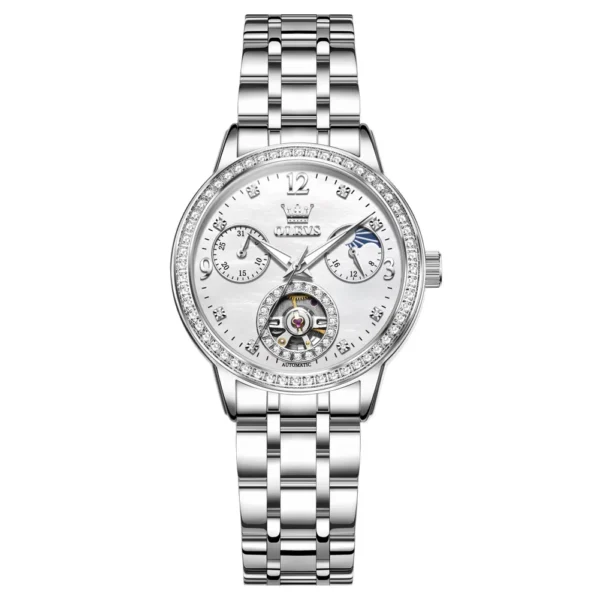 OLEVS 6750 Reloj Bands Stainless Steel Luxury Automatic Moon Phase Lady Watch Mechanical Watch for Woman silvery white
