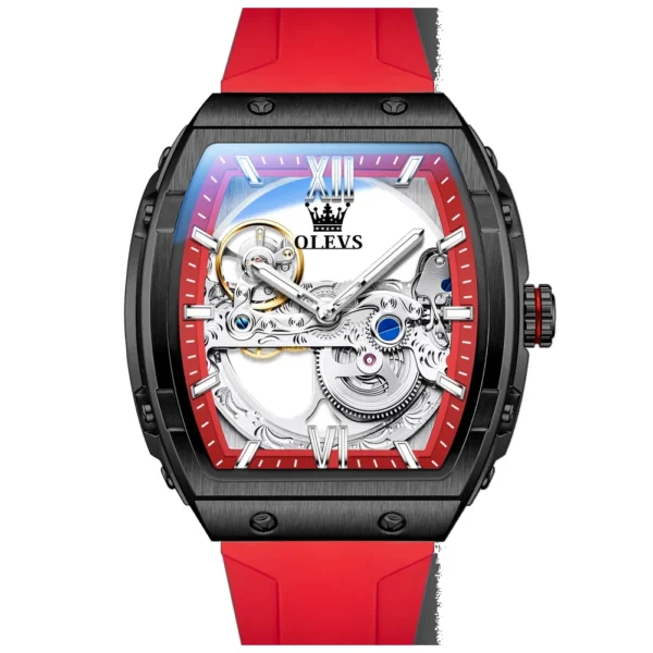 OLEVS 6779 Fashion Rubber Brand Waterproof Hollow Skeleton Luminous Automatic Mechanical Watch for Man Black Red