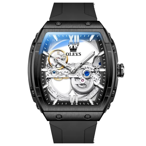 OLEVS 6779 Fashion Rubber Brand Waterproof Hollow Skeleton Luminous Automatic Mechanical Watch for Man Black