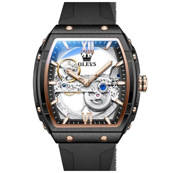 OLEVS 6779 Fashion Rubber Brand Waterproof Hollow Skeleton Luminous Automatic Mechanical Watch for Man ROSE BLACK