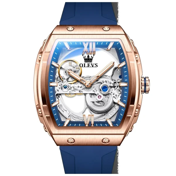 OLEVS 6779 Fashion Rubber Brand Waterproof Hollow Skeleton Luminous Automatic Mechanical Watch for Man ROSE BLUE