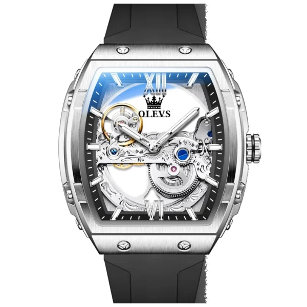 OLEVS 6779 Fashion Rubber Brand Waterproof Hollow Skeleton Luminous Automatic Mechanical Watch for Man SILVER BLACK