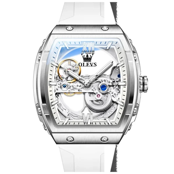 OLEVS 6779 Fashion Rubber Brand Waterproof Hollow Skeleton Luminous Automatic Mechanical Watch for Man WHITE