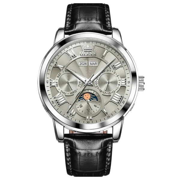 OLEVS 6785 Luminous Waterproof Luxury Watches Moon Phase Stainless Steel Automatic Mechanical Watch for Man Belt-Silver -Gray