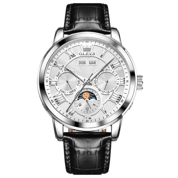 OLEVS 6785 Luminous Waterproof Luxury Watches Moon Phase Stainless Steel Automatic Mechanical Watch for Man Belt-Silver -White