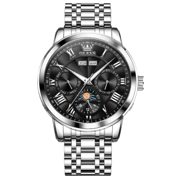 OLEVS 6785 Luminous Waterproof Luxury Watches Moon Phase Stainless Steel Automatic Mechanical Watch for Man Steel-Silver Black