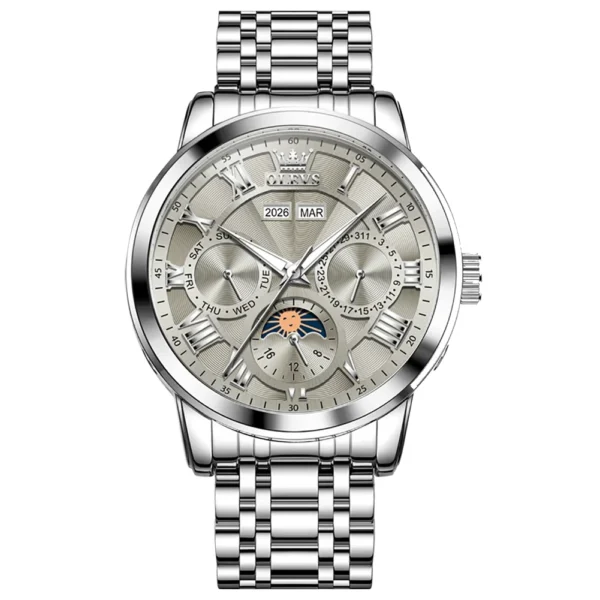 OLEVS 6785 Luminous Waterproof Luxury Watches Moon Phase Stainless Steel Automatic Mechanical Watch for Man Steel-Silver Gray