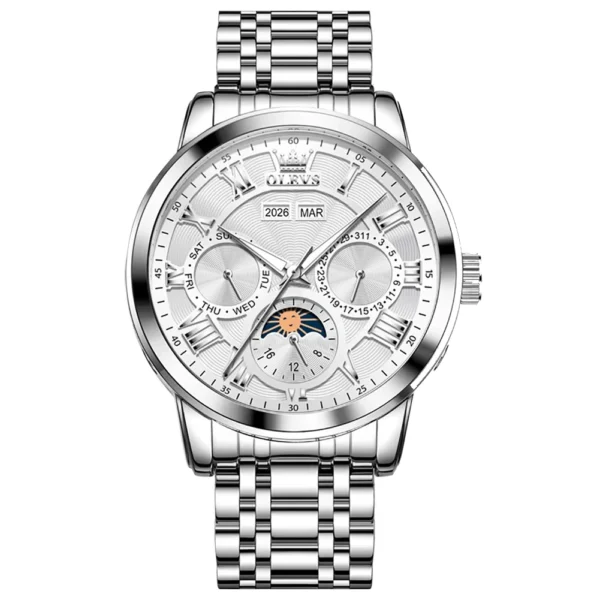 OLEVS 6785 Luminous Waterproof Luxury Watches Moon Phase Stainless Steel Automatic Mechanical Watch for Man Steel-Silver White