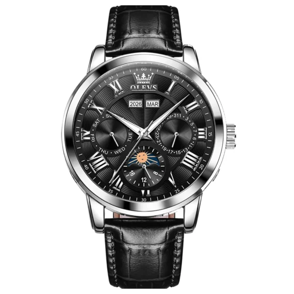 OLEVS 6785 Luminous Waterproof Luxury Watches Moon Phase Stainless Steel Automatic Mechanical Watch for Man belt-Silver Black