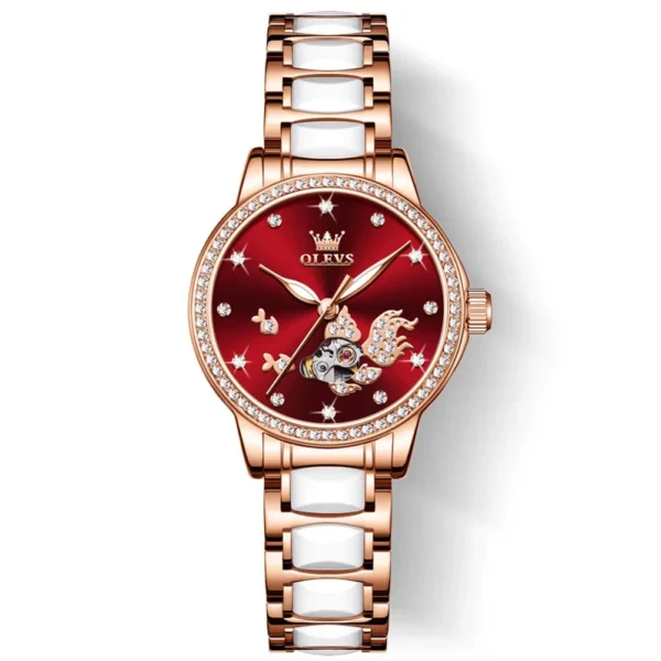 OLEVS 7001 Good Quality Luxury Wrist Watch Women Stainless Steel Waterproof Automatic Mechanical Woman Watches RED