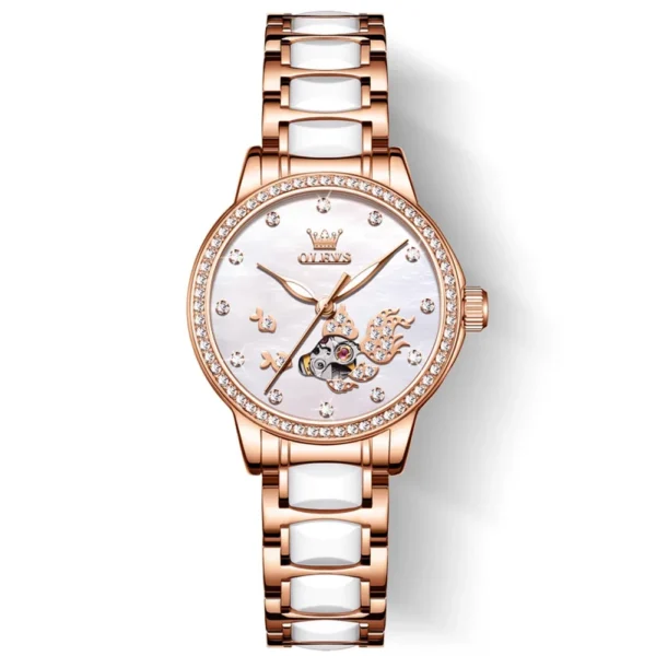 OLEVS 7001 Good Quality Luxury Wrist Watch Women Stainless Steel Waterproof Automatic Mechanical Woman Watches WHITE