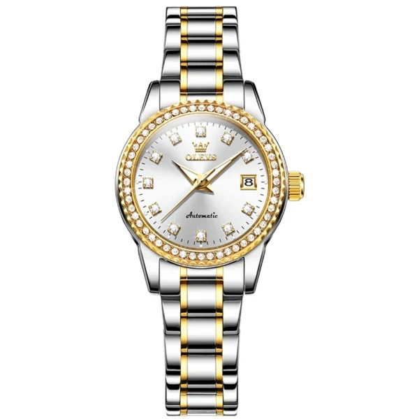 OLEVS 7003 Watch Waterproof Stainless Steel Luxury Calendar Lady Diamonds Sports Women Automatic Mechanical Watch Golden White