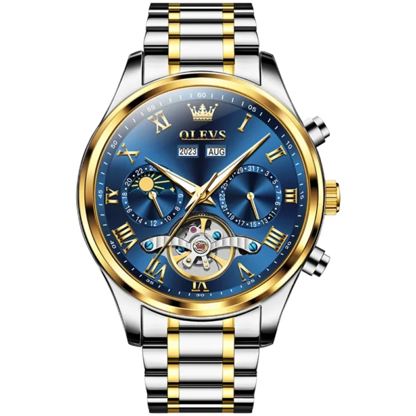 OLEVS 7005 Stainless Steel Hot Selling Styles Customized Luminous Watch Automatic Mechanical Watch for Man GOLDEN BLUE