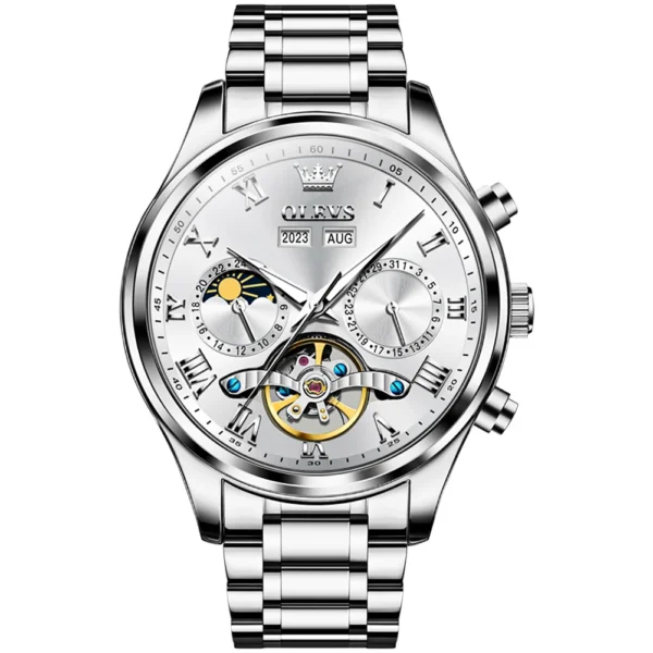 OLEVS 7005 Stainless Steel Hot Selling Styles Customized Luminous Watch Automatic Mechanical Watch for Man SILVER WHITE