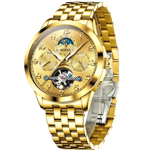 OLEVS 7018 Customized Fashion Moon Phase Stainless Steel Multifunctional Waterproof Automatic Mechanical Watch for Man GOLD