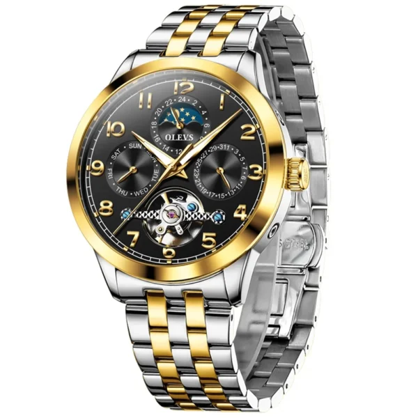 OLEVS 7018 Customized Fashion Moon Phase Stainless Steel Multifunctional Waterproof Automatic Mechanical Watch for Man GOLDEN BLACK