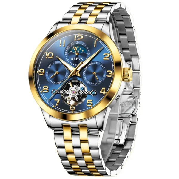 OLEVS 7018 Customized Fashion Moon Phase Stainless Steel Multifunctional Waterproof Automatic Mechanical Watch for Man GOLDEN BLUE