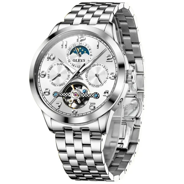 OLEVS 7018 Customized Fashion Moon Phase Stainless Steel Multifunctional Waterproof Automatic Mechanical Watch for Man SILVER WHITE
