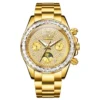 OLEVS 7038 Mechanical Watch Stainless Steel Band Luminous Hollow Skeleton Moon Phase Waterproof Male Diamond Watch GOLD
