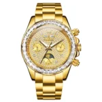 OLEVS 7038 Mechanical Watch Stainless Steel Band Luminous Hollow Skeleton Moon Phase Waterproof Male Diamond Watch GOLD