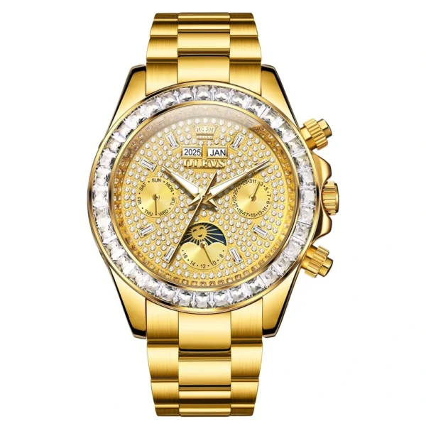 OLEVS 7038 Mechanical Watch Stainless Steel Band Luminous Hollow Skeleton Moon Phase Waterproof Male Diamond Watch GOLD