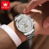 OLEVS 7038 Mechanical Watch Stainless Steel Band Luminous Hollow Skeleton Moon Phase Waterproof Male Diamond Watch