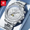 OLEVS 7038 Mechanical Watch Stainless Steel Band Luminous Hollow Skeleton Moon Phase Waterproof Male Diamond Watch