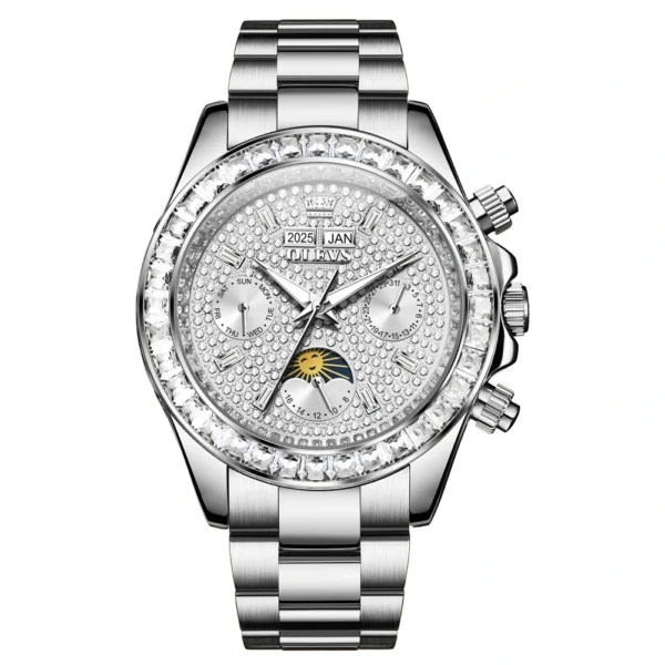 OLEVS 7038 Mechanical Watch Stainless Steel Band Luminous Hollow Skeleton Moon Phase Waterproof Male Diamond Watch silvery white