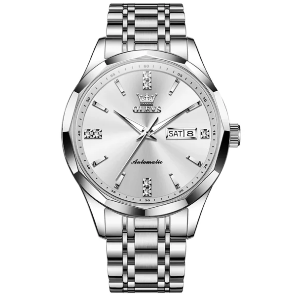 OLEVS 7056 Classic Business Design Automatic Classic Automatic Calendar Diamond Luminous Man Mechanical Watch silvery white