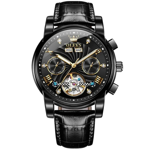 OLEVS 7088 Watch Luxury Sports Bands Leather Strap Calendar Automatic Sports Luminous Mechanical Watch for Man Black