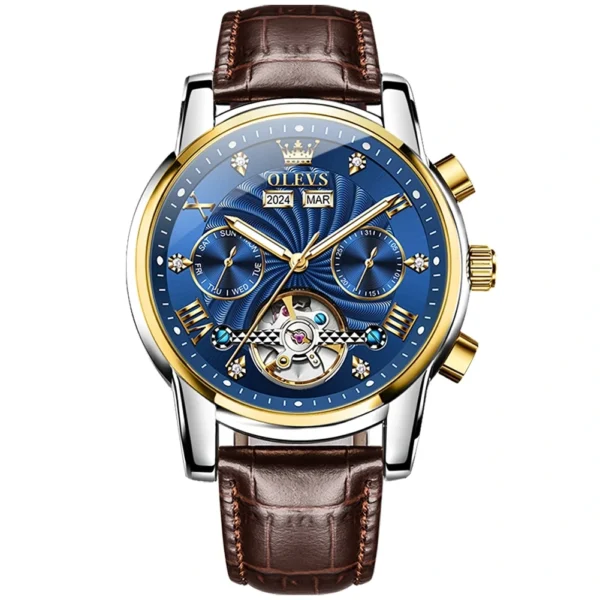 OLEVS 7088 Watch Luxury Sports Bands Leather Strap Calendar Automatic Sports Luminous Mechanical Watch for Man GOLD BLUE