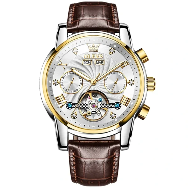 OLEVS 7088 Watch Luxury Sports Bands Leather Strap Calendar Automatic Sports Luminous Mechanical Watch for Man Gold White