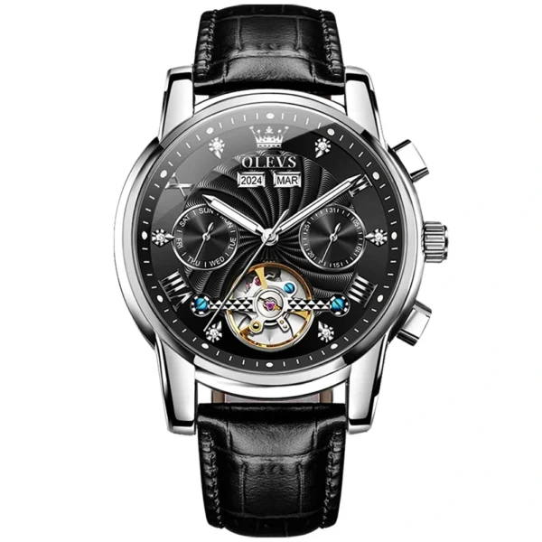 OLEVS 7088 Watch Luxury Sports Bands Leather Strap Calendar Automatic Sports Luminous Mechanical Watch for Man SILVER BLACK