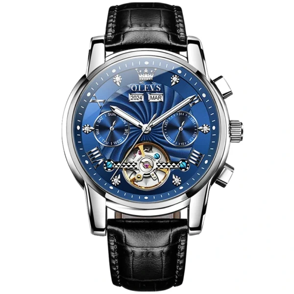 OLEVS 7088 Watch Luxury Sports Bands Leather Strap Calendar Automatic Sports Luminous Mechanical Watch for Man SILVER BLUE