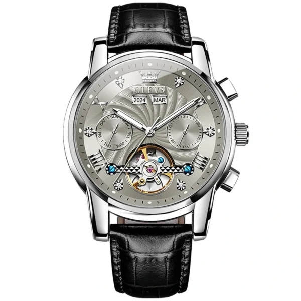 OLEVS 7088 Watch Luxury Sports Bands Leather Strap Calendar Automatic Sports Luminous Mechanical Watch for Man SILVER GRAY