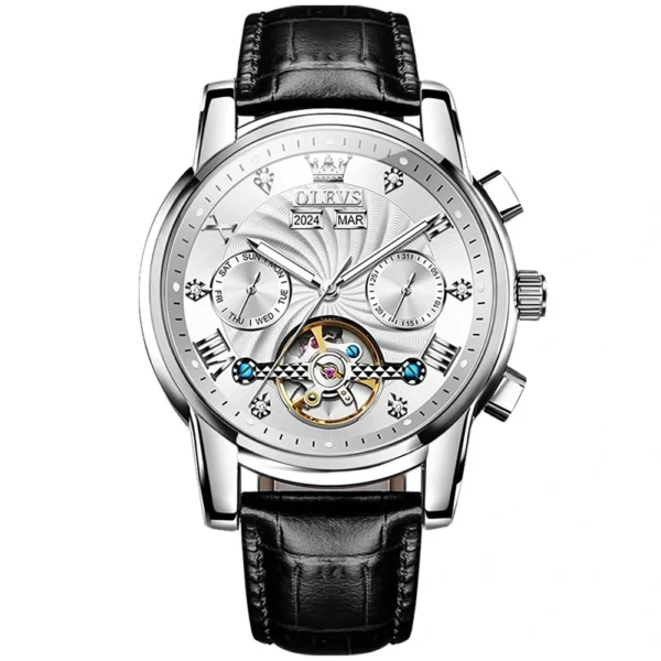 OLEVS 7088 Watch Luxury Sports Bands Leather Strap Calendar Automatic Sports Luminous Mechanical Watch for Man silvery white