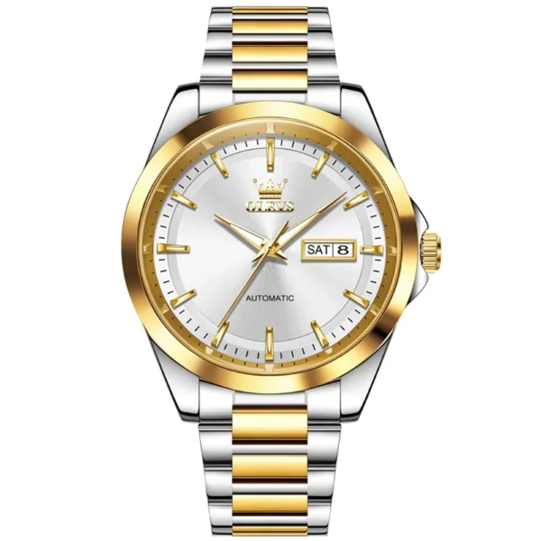 OLEVS 7090 Luxury Calendar Luminous Fashion Classic Waterproof Automatic Mechanical Watch for Man Gold White