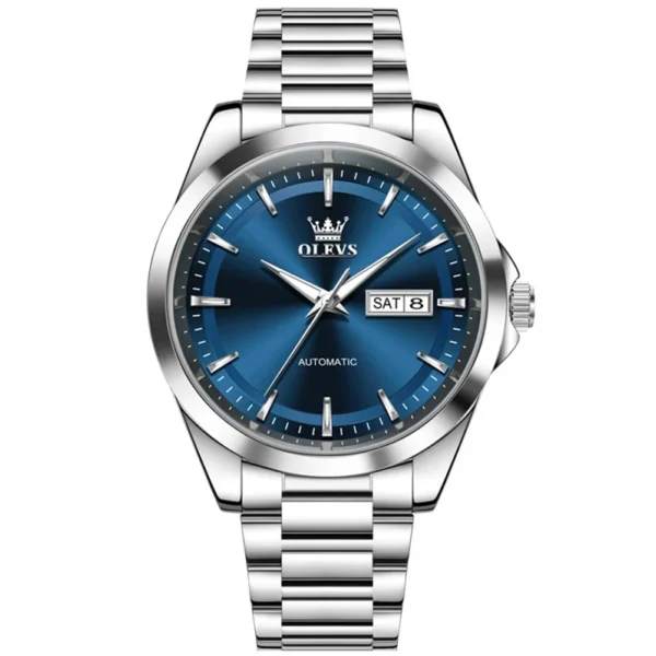OLEVS 7090 Luxury Calendar Luminous Fashion Classic Waterproof Automatic Mechanical Watch for Man SILVER BLUE