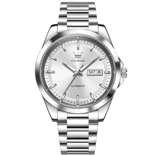 OLEVS 7090 Luxury Calendar Luminous Fashion Classic Waterproof Automatic Mechanical Watch for Man Silver-white