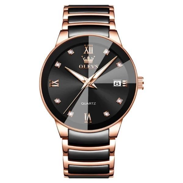 OLEVS 7114 Luxury Classic Business Stainless Steel Ceramic Fashion Waterproof Luminous Quartz Watch for Men ROSE BLACK