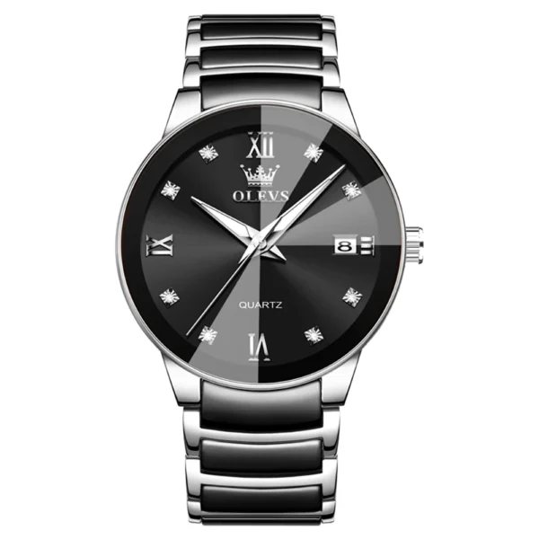 OLEVS 7114 Luxury Classic Business Stainless Steel Ceramic Fashion Waterproof Luminous Quartz Watch for Men silver-black