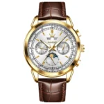OLEVS 7117 Design Watches for Men Luxury Genuine Leather Strap Automatic Mechanical Watch BROWN WHITE