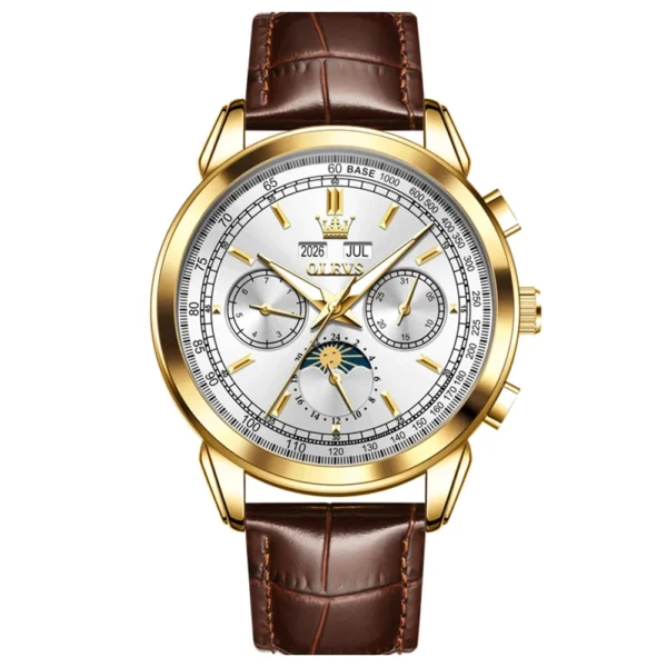 OLEVS 7117 Design Watches for Men Luxury Genuine Leather Strap Automatic Mechanical Watch BROWN WHITE