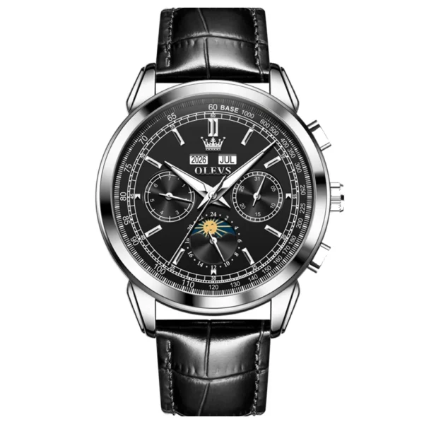OLEVS 7117 Design Watches for Men Luxury Genuine Leather Strap Automatic Mechanical Watch silver-black