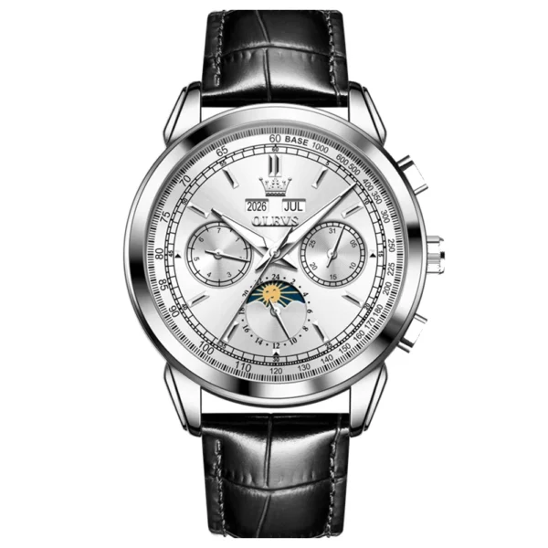 OLEVS 7117 Design Watches for Men Luxury Genuine Leather Strap Automatic Mechanical Watch silvery white