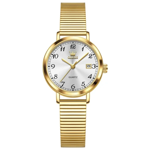 OLEVS 7130 Luxury Waterproof Luminous Design Fashion Calendar Sports Watch Stainless Steel Lady Woman Watch Gold White