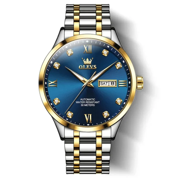 OLEVS 9946 Man Watch Fashion Stainless Steel Men Luxury Mechanical Automatic Classics Calendar Luminous Watch Watch for Men GOLDEN BLUE