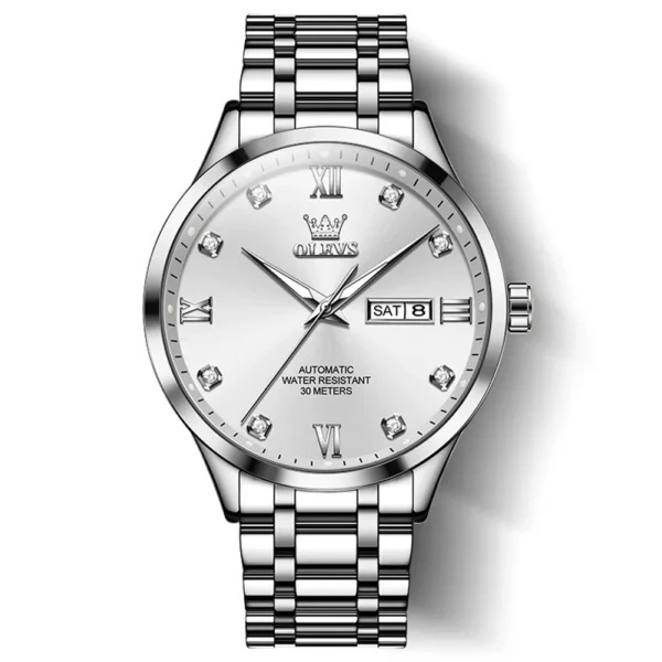 OLEVS 9946 Man Watch Fashion Stainless Steel Men Luxury Mechanical Automatic Classics Calendar Luminous Watch Watch for Men SILVER