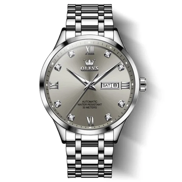 OLEVS 9946 Man Watch Fashion Stainless Steel Men Luxury Mechanical Automatic Classics Calendar Luminous Watch Watch for Men silver grey